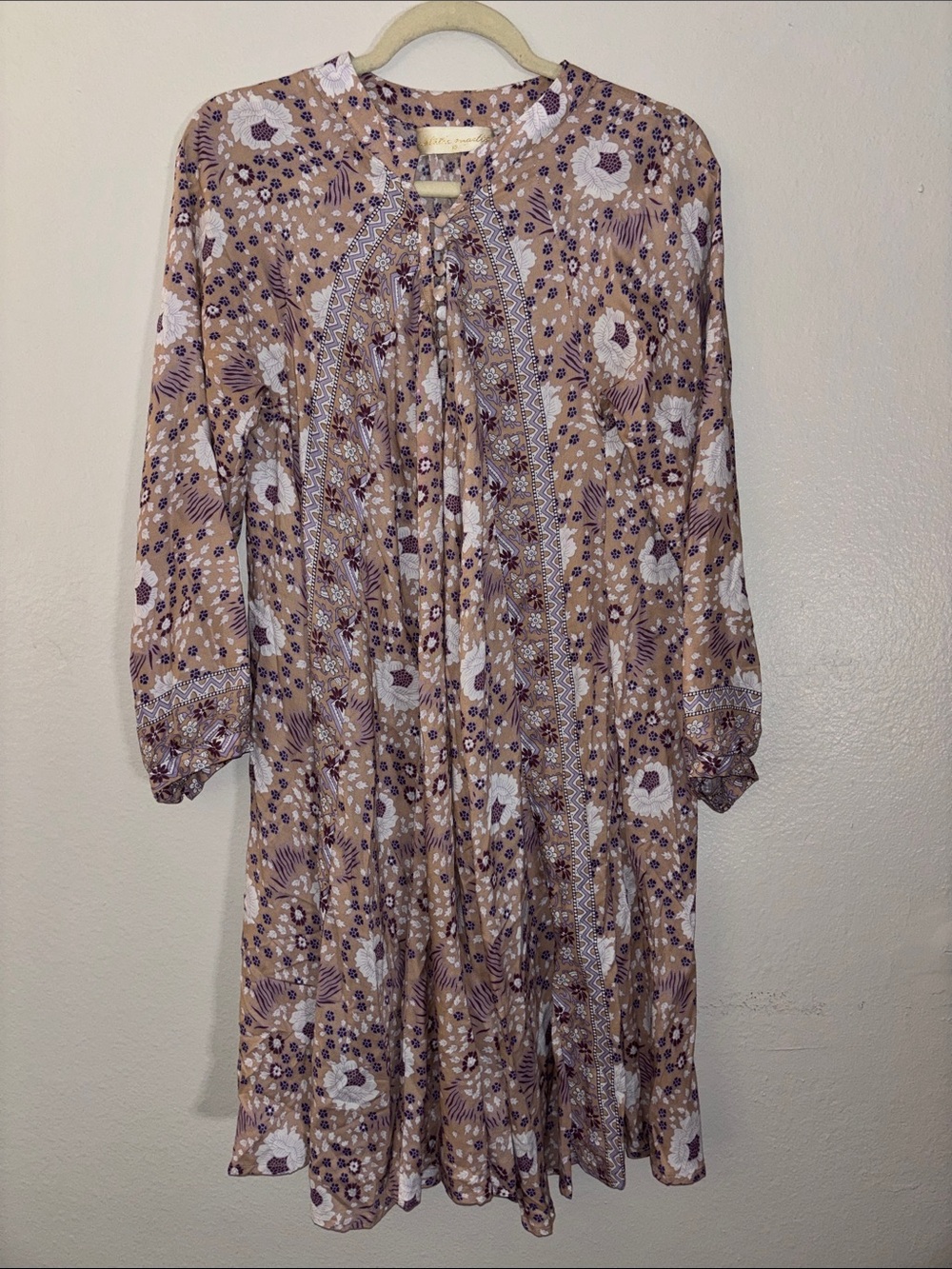 Natalie Martin PINK Boho Floral Tie-Neck Long Sleeve Dress in Beige and Purple